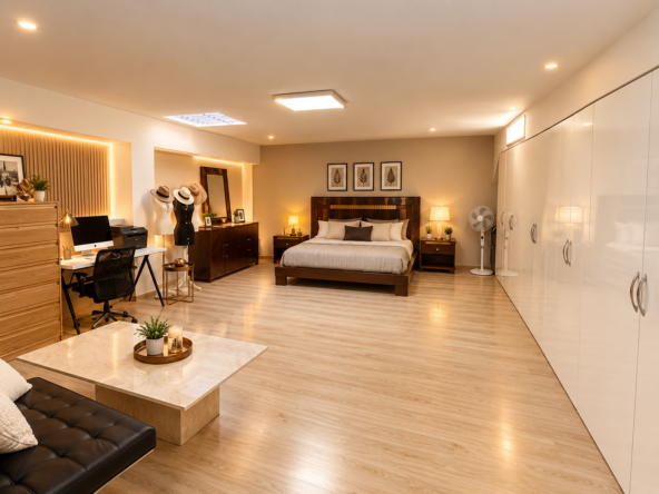 Dormitorio estudio moderno y acogedor